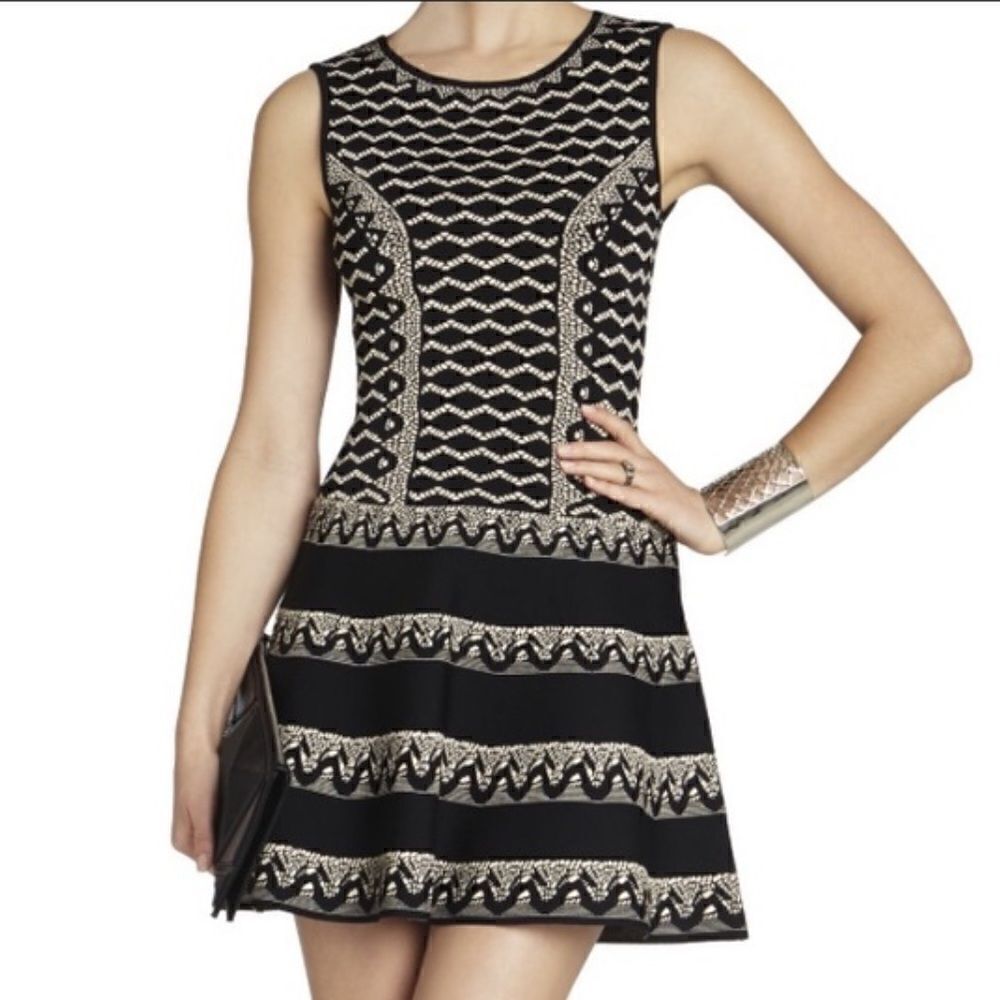Bcbgmaxazria Black Tan Wilma Geometric Scuba Knit A-Line Sleeveless Dress